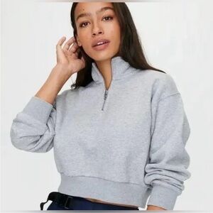 TNA Cozy Fleece Perfect Light Grey Quarter Zip Cropped Long Sleeve Hoodie XXS